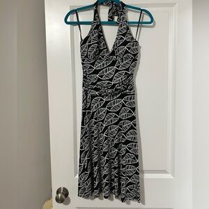 Vintage Candie's black and white leaf print halter dress